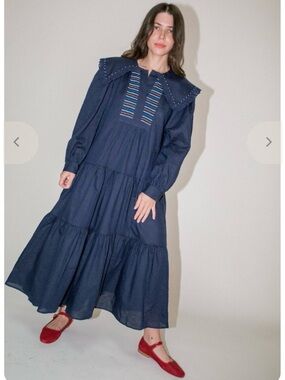 Sea NY Navy Tiered Long-Sleeve Midi Dress with Embroidered Yoke LIKE NEW